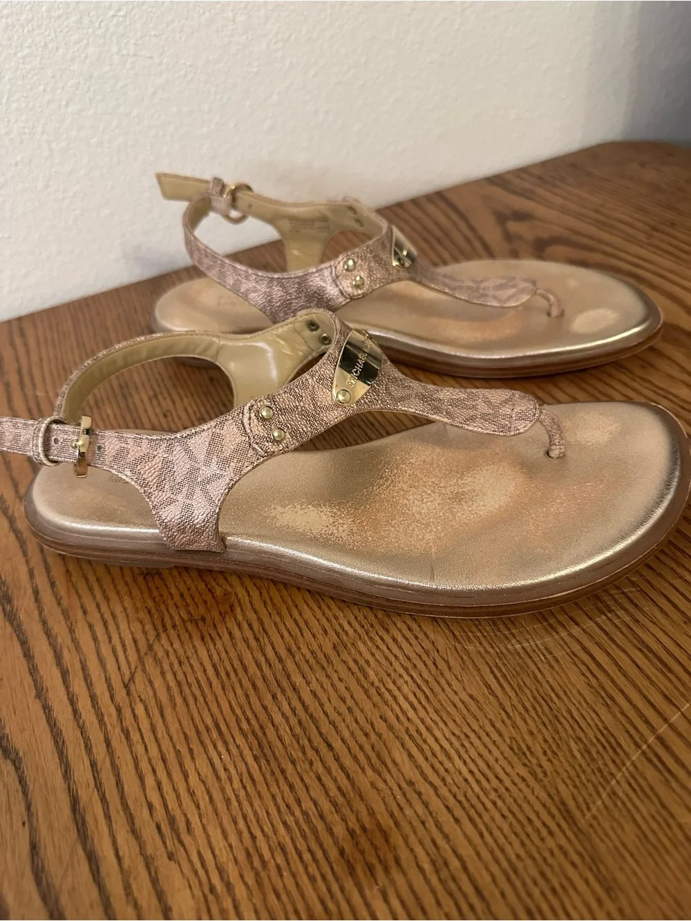 Michael Kors Metallic Rose Gold MK Logo T-Strap Sandal